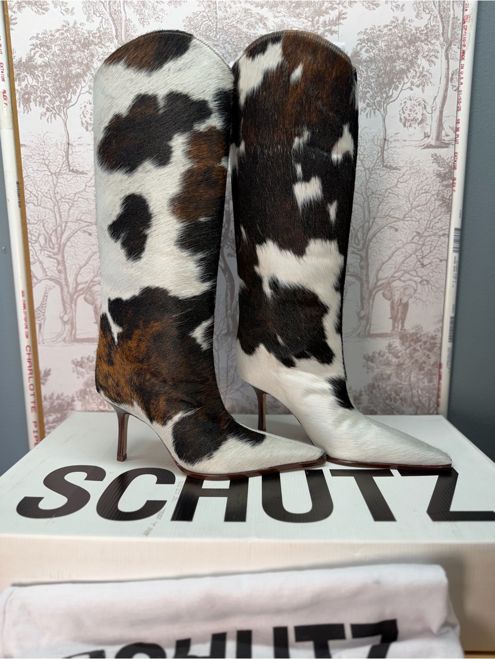 Schutz Maryana Calf Hair Boots in Brown cow hide fur knee high heel cowboy